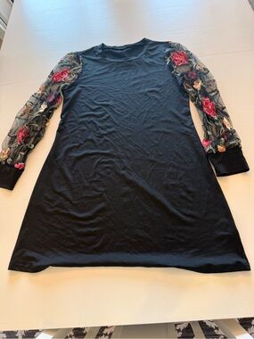 Black Asymmetrical Women’s Dress with Embroidered Mesh Sleeves